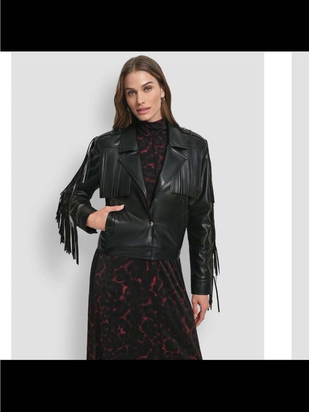 DKNY Black Fringe Faux Leather Jacket